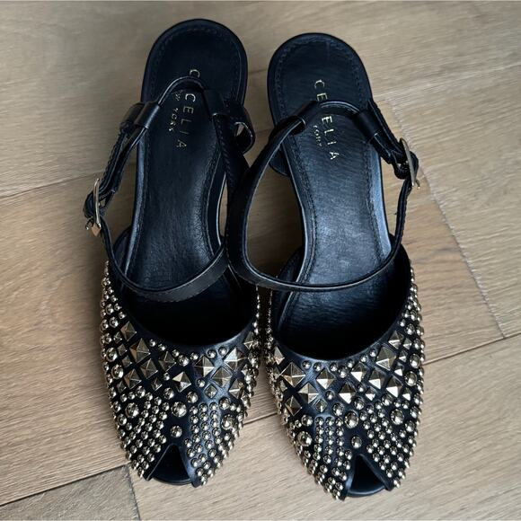 Cecelia New York Birdie Heels Sz 8.5 Black Gold Studded Peep-Toe Ankle Strap - Picture 13 of 13